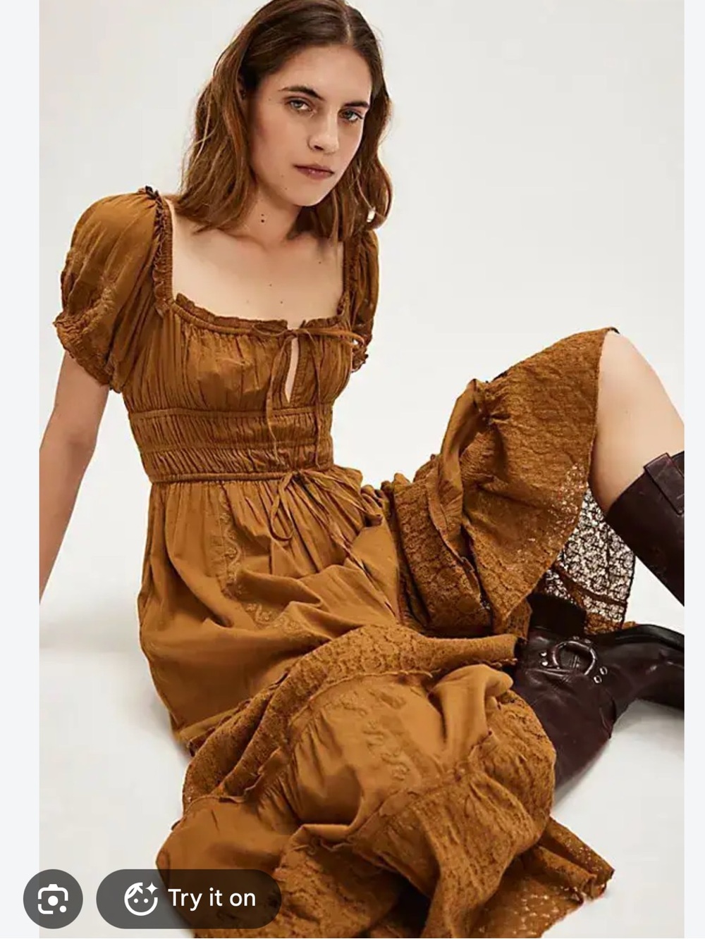 Free People Falling Sun Square Neck Puff Sleeve Midi Dress XL